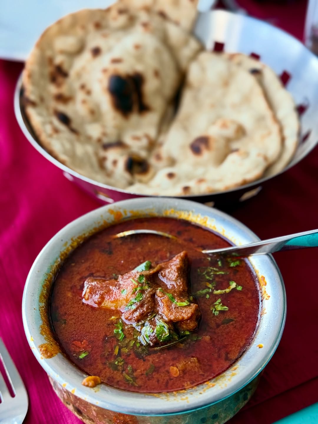 Dhungar Mutton, also known as Laal Maas, served with roti